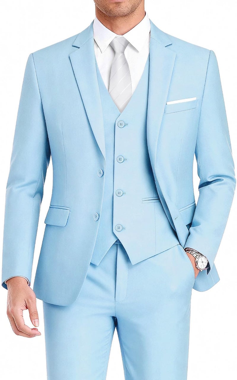 WEEN CHARM بدلات WEEN CHARM للرجال، مجموعة بدلة ضيقة مكونة من 3 قطع مع سترة ذات زرين، صدرية، بنطلون، توكسيدو لحفلات الزفاف، حفلات التخرج، الحفلات، الأعمال باللون الأزرق الفاتح - Image 1